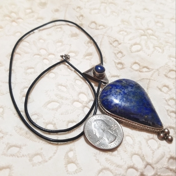 Vtg Artisan Large Lapis Lazuli Sterling Pendant Necklace - Picture 4 of 6